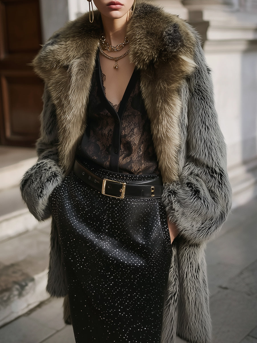 Power Dressing Suit Faux Fur Lapel Mid-length Coat