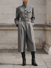 90s Minimalist Stand-up Collar Shoulder Padded Jacket & Loose Capri Pants Set