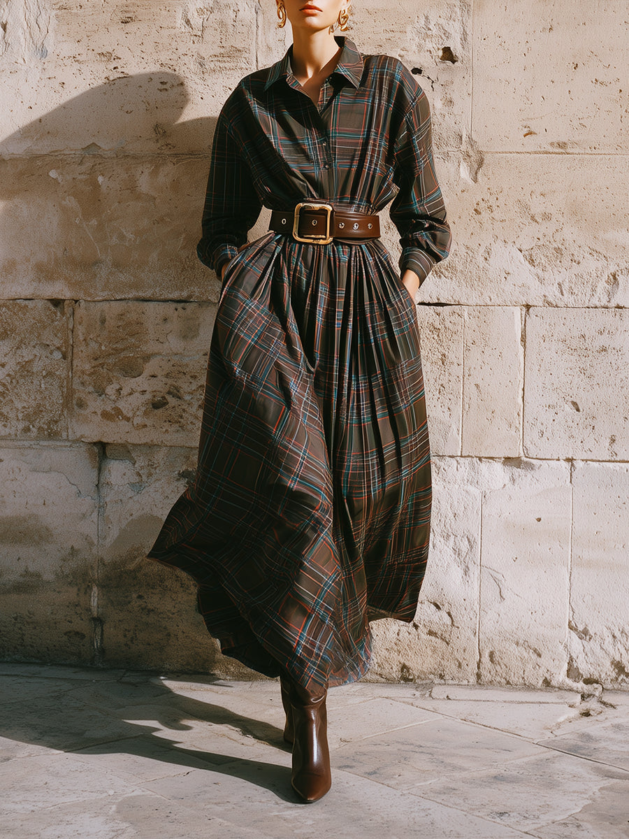 Stylish Retro Plaid Printed Cotton Waist Pleated Maxi Dress With Belt