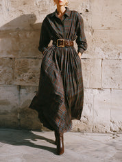 Stylish Retro Plaid Printed Cotton Waist Pleated Maxi Dress With Belt