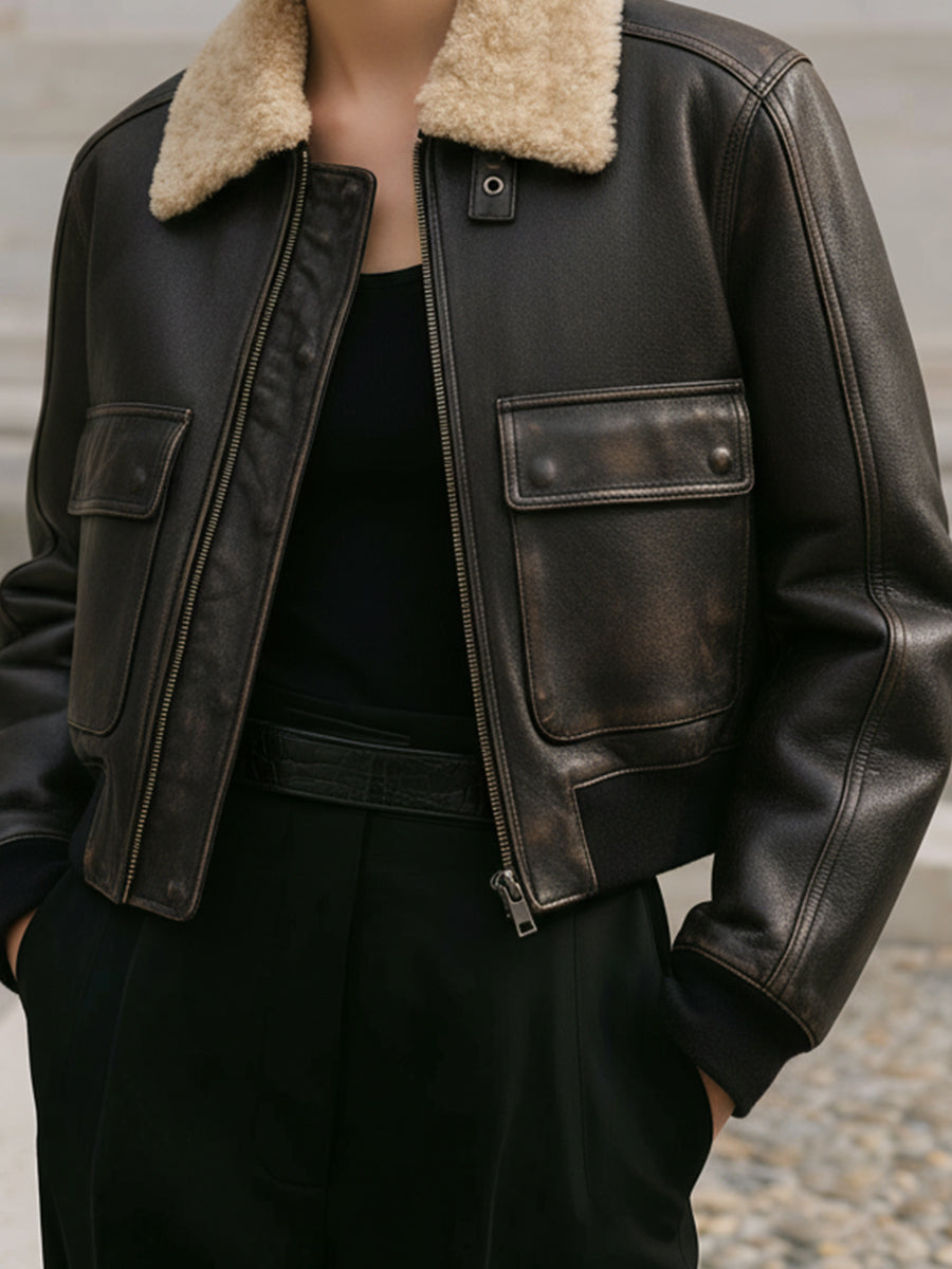 Retro Distressed Eco-friendly Leather Plush Patchwork Collar Cropped Jacket