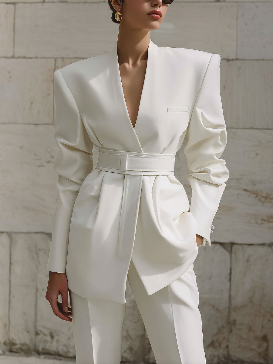 Minimalist Shoulder Padded Loose Blazer With Belt