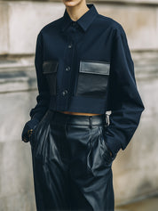 Androgynous Minimalist Cropped Wool Blend Jacket With Eco-friendly Leather Patch Pockets