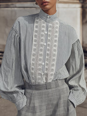 Classic Timeless Striped Mandarin-Collar Lace Panel Shirt