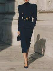 Minimalist Striped Lapel Double-breasted Suit And Midi Dress With Slit Back