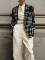 Minimalist Lapel Plaid Wool Straight Loose Blazer