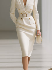 Power Dressing Suit Double Breasted Blazer Midi Dress With Belt