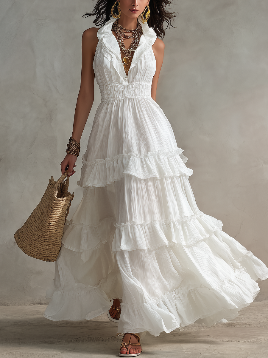 White Sleeveless Pleated Ruffled Details Bohemian Long Dress
