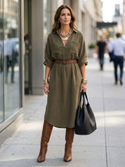 Effortless Chic Textured Cotton Roll-Sleeve Utility Belted Khaki Green Midi Dress