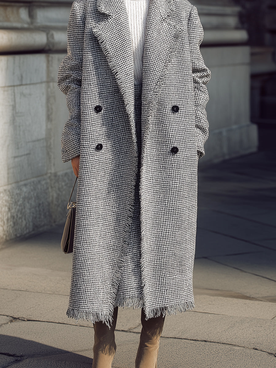 Old-Money Modern Heritage Ash Houndstooth Mid-calf Length Wool Coat