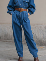 Minimalist Stand-up Collar Dropped Shoulder Sleeves Jacket & Pinched Waist Carrot Jeans Set