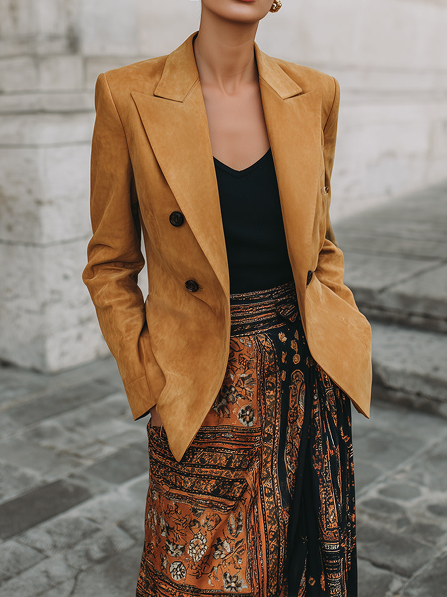 Retro-Inspired ﻿ Versatile Faux Suede Double-Breasted Blazer