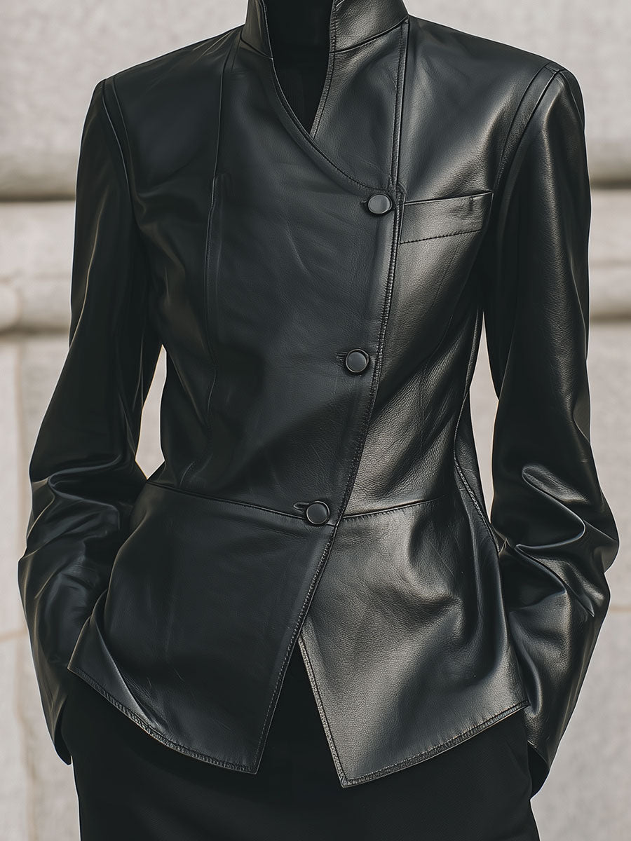 Deconstructed Minimalist Stand Collar Diagonal Placket Eco-friendly Leather Jacket
