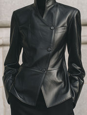 Deconstructed Minimalist Stand Collar Diagonal Placket Eco-friendly Leather Jacket