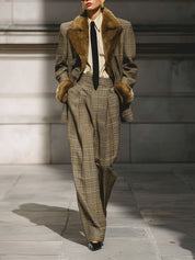 Old Money Fine Plaid Wool Imitation Fur Lapel Blazer & Pinch Pleated Straight Pants Set