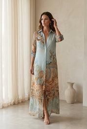 Baroque Style Floral Blue Chiffon Maxi Dress