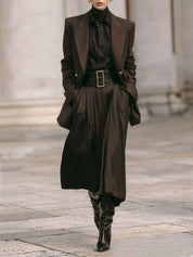 Old Money Minimalist Lapel Metal Buckle Blazer & Pleated Skirt Set