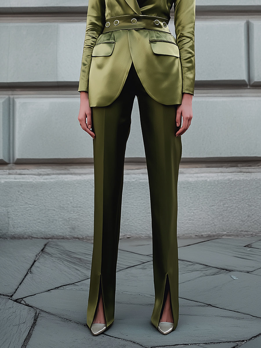 Retro-Glam Architectural Satin Blazer And Wide-Leg Pant Set