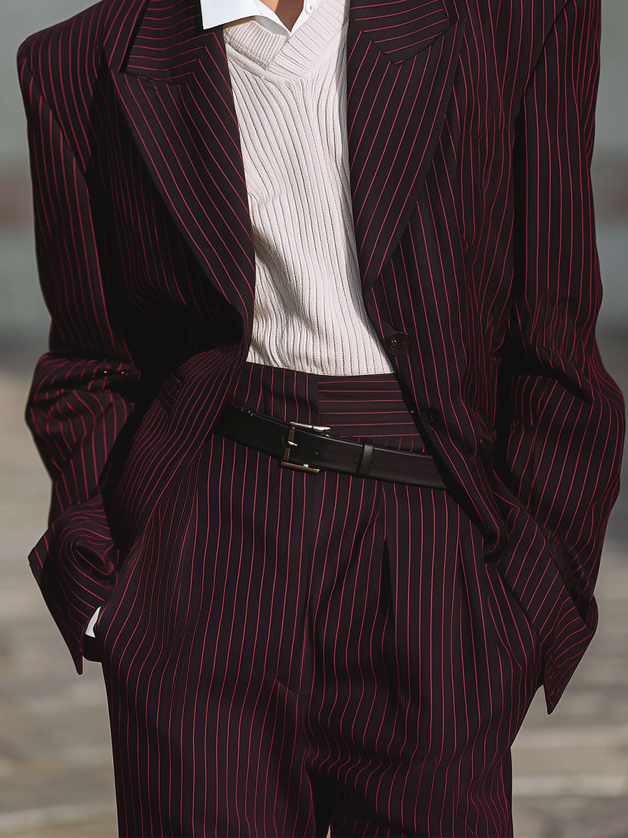 Stylish Striped Oversized Lapel Shoulder Pad Blazer