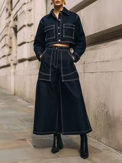 Minimalist Denim Jacket & Topstitched Patch Pocket Skirt Set