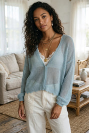 Effortless Coastal Breeze Powder Blue Lightweight Sweater