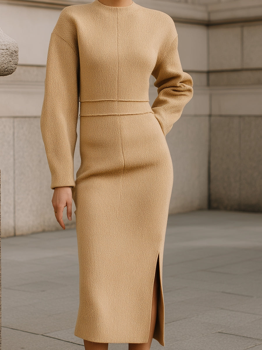 Minimalist Slimming High Neck Textured Wool Midi Dress