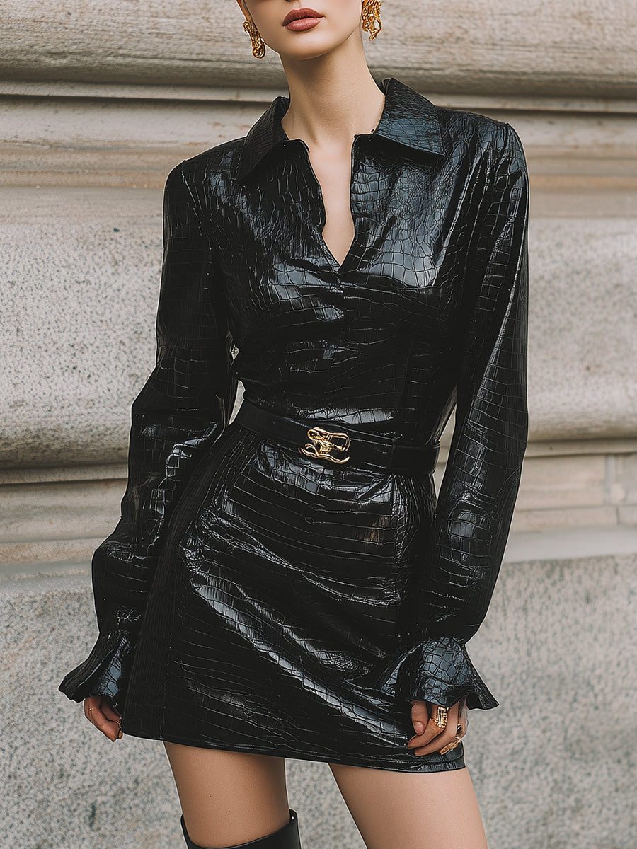 90s Minimalism Crocodile Pattern Eco-friendly Leather Mini Dress With Belt