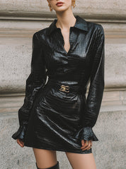 90s Minimalism Crocodile Pattern Eco-friendly Leather Mini Dress With Belt