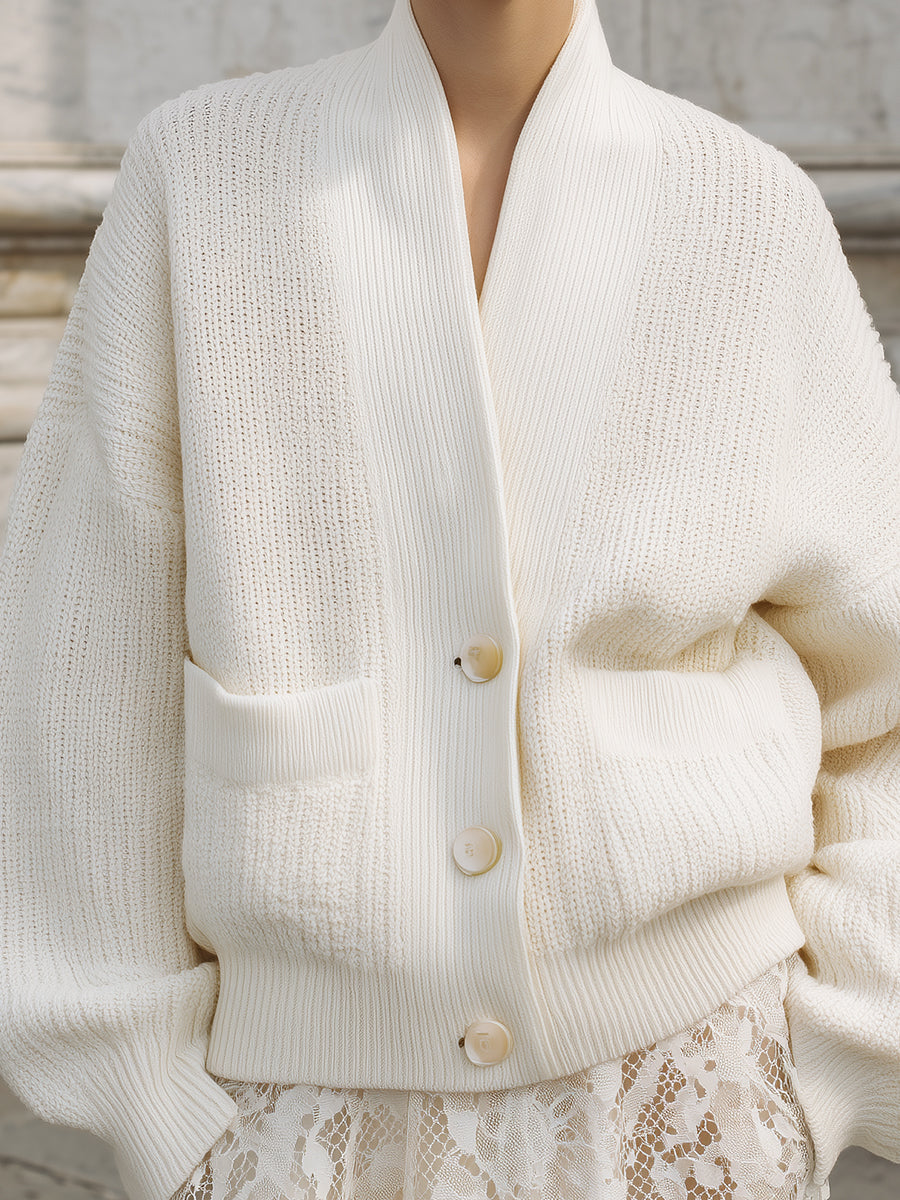 Minimalist Oversized Dropped Shoulder Lantern Sleeve Woolen Cardigan