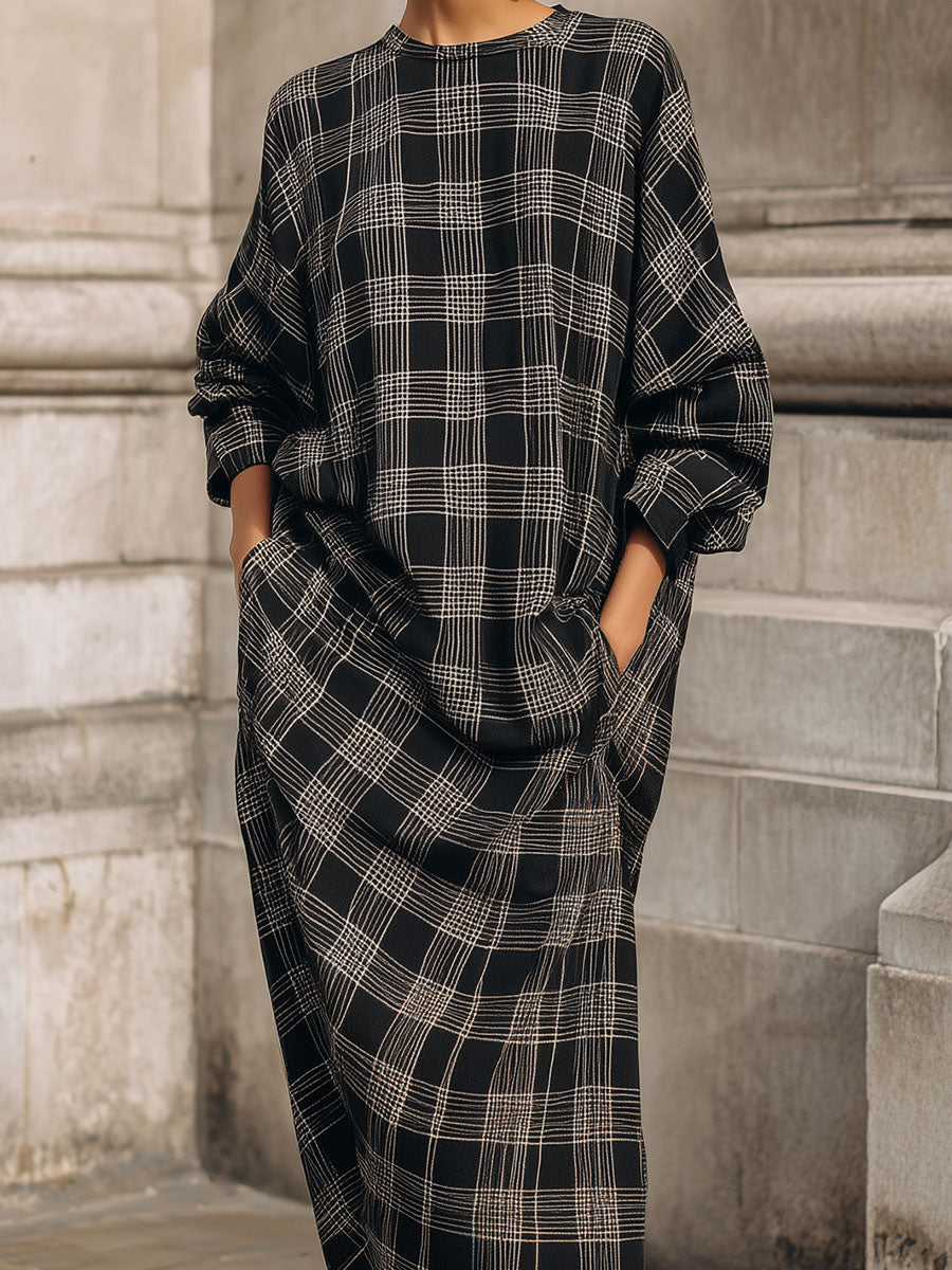 Casual Plaid Oversized Straight Drop Shoulder Midi Dress