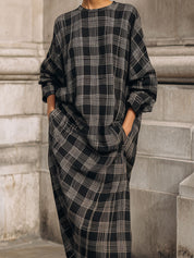 Casual Plaid Oversized Straight Drop Shoulder Midi Dress