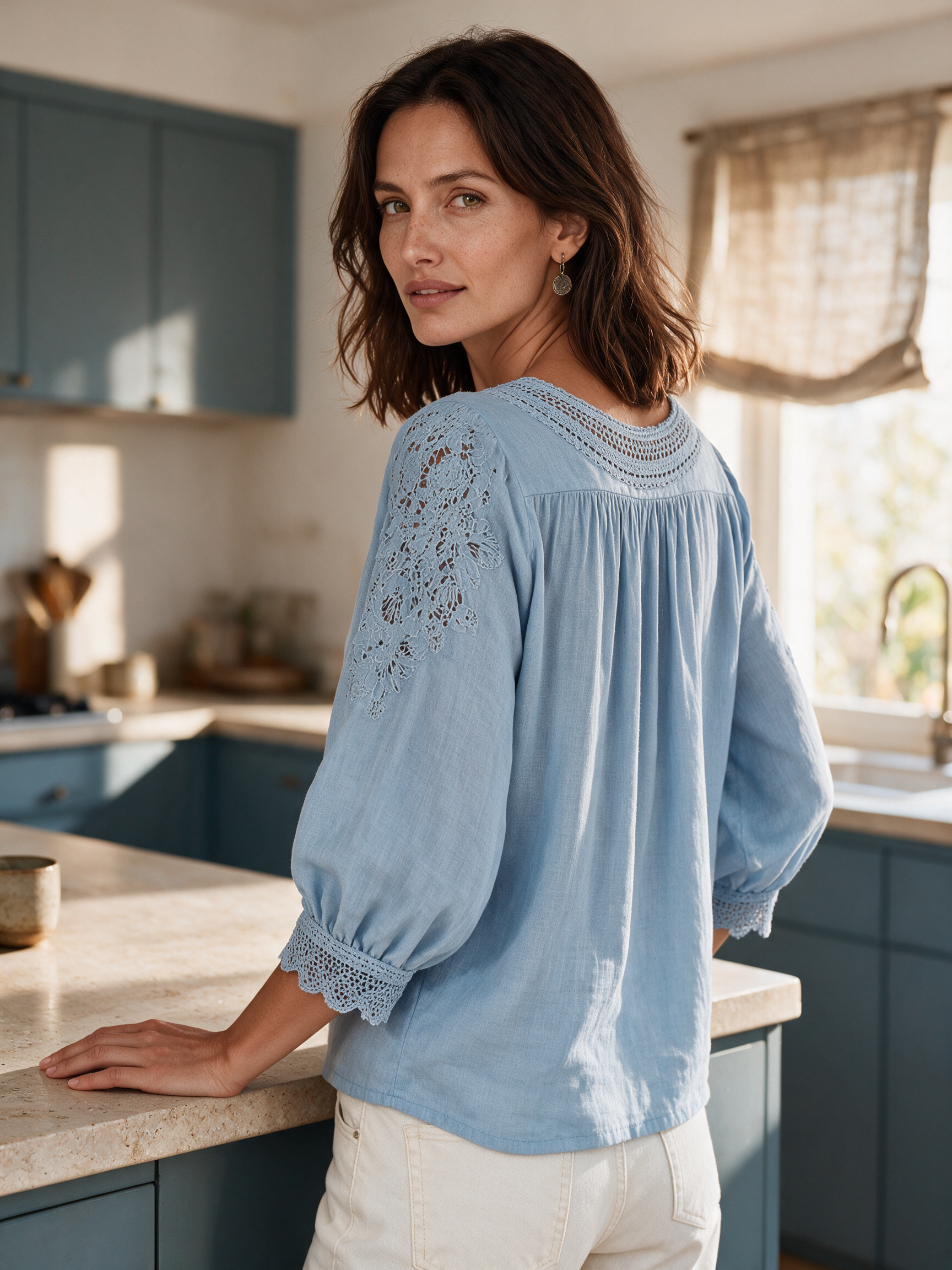 Delicate Sky Blue Lace Trim Blouse
