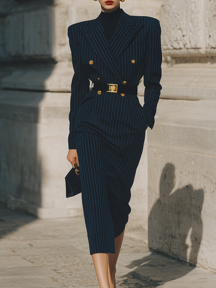 Minimalist Striped Lapel Double-breasted Suit And Midi Dress With Slit Back