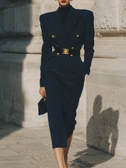 Minimalist Striped Lapel Double-breasted Suit And Midi Dress With Slit Back