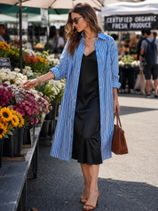 Quiet Luxury Silky Stripe-Shirt & Bias Slip Blue & Black Layered Set