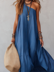 Royal Blue Striped Off-the-shoulder Flowing Long Dress