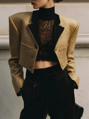 Old Money Style Velvet Collar Cropped Short Jacket With Soft Shoulder Pads