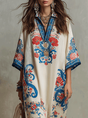 Bohemian Floral Paisley Kaftan Midi Dress In Ivory Blue