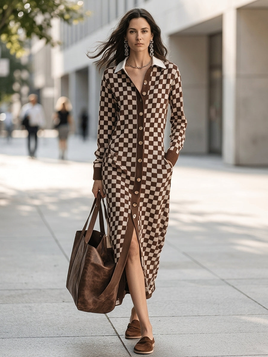 Checkered Print Long Sleeve Button-Up Knit Maxi Cardigan Dress