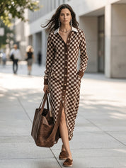 Checkered Print Long Sleeve Button-Up Knit Maxi Cardigan Dress