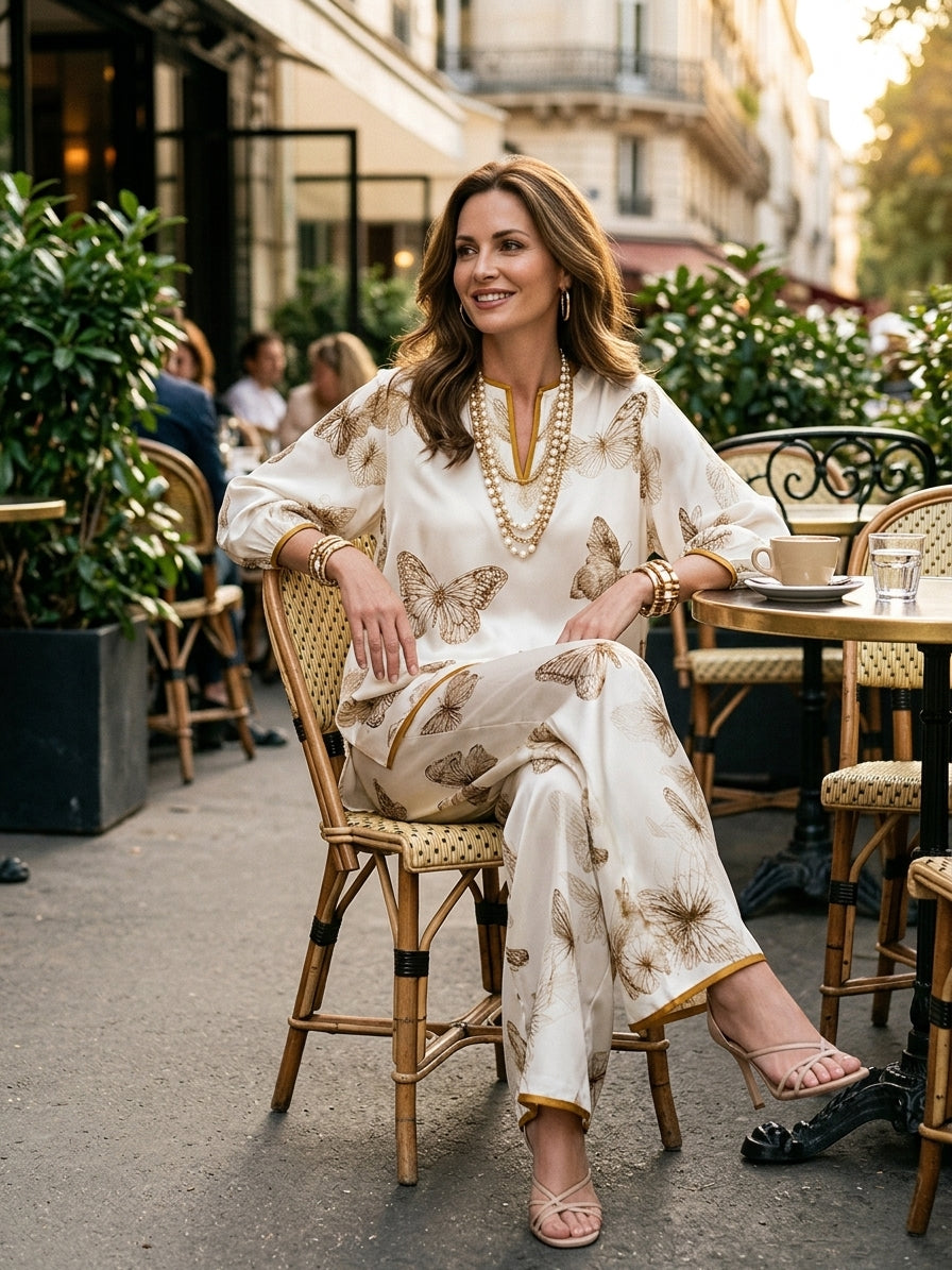 Quiet Luxury Silky Butterfly-Print Drop-Shoulder Tunic & Palazzo Cream Co-Ord Set