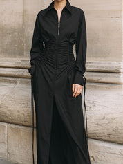 Deconstructed Waist Shirring Maxi Dress With Front Slit