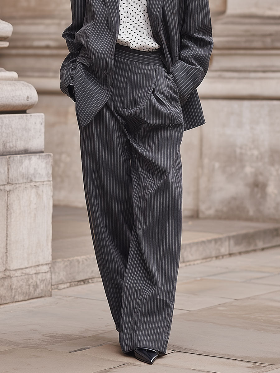 Neutral Pinstripe Lapel Blazer & Pleated Wide-leg Pants Set