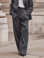 Neutral Pinstripe Lapel Blazer & Pleated Wide-leg Pants Set