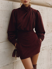 Retro Pleated Puff Sleeve Short Dress With Diagonal Pockets