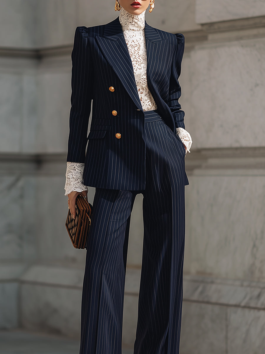 Classic Striped Puff Sleeves Double-breasted Blazer & Straight Pants Set