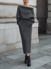 Minimalist Knitted One-shoulder Bat-sleeve Sweater & Diagonal Pocket Pencil Skirt Set