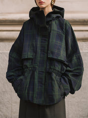 Oversized Storm Flap Details Hooded Jacket In Checked Cotton Twill Print