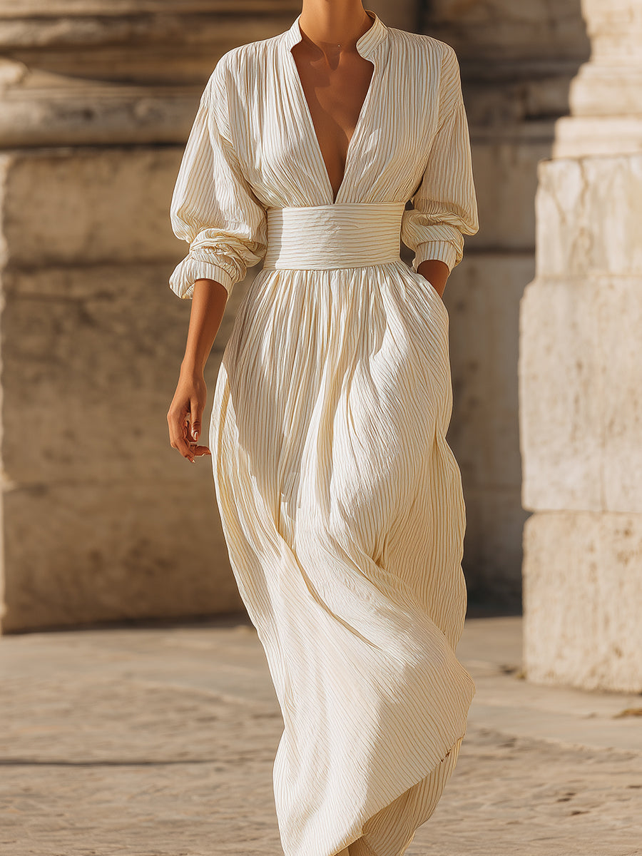 Stylish Retro V-neck Pinstripe Cotton Waisted Maxi Dress