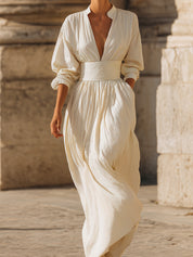Stylish Retro V-neck Pinstripe Cotton Waisted Maxi Dress